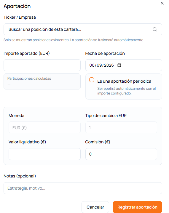 Formulario real de aportación automática con importe, fecha, periodicidad, moneda y comisión