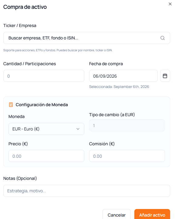 Formulario real para registrar la compra de un activo en Invertcom