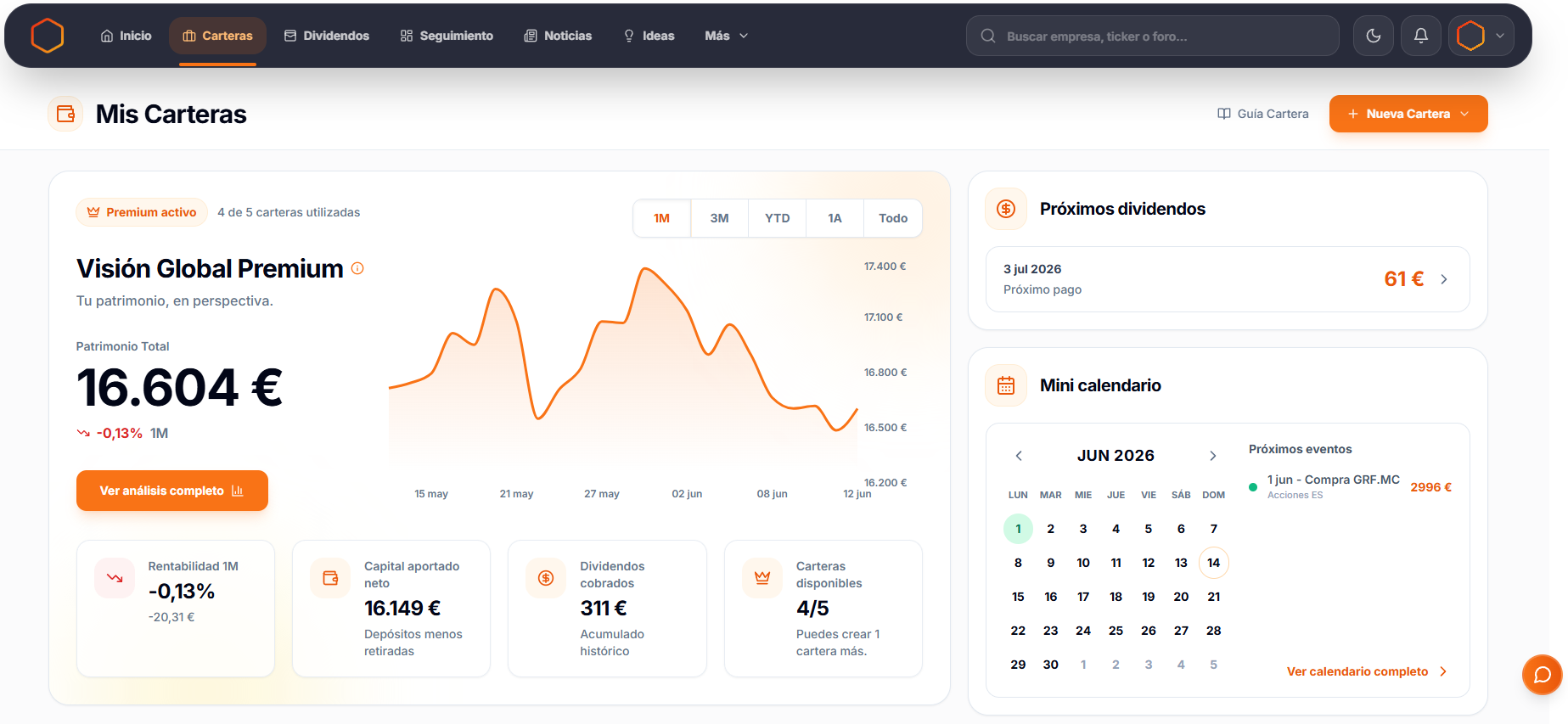Dashboard para seguir una cartera de inversión con acciones, ETFs, dividendos y rentabilidad