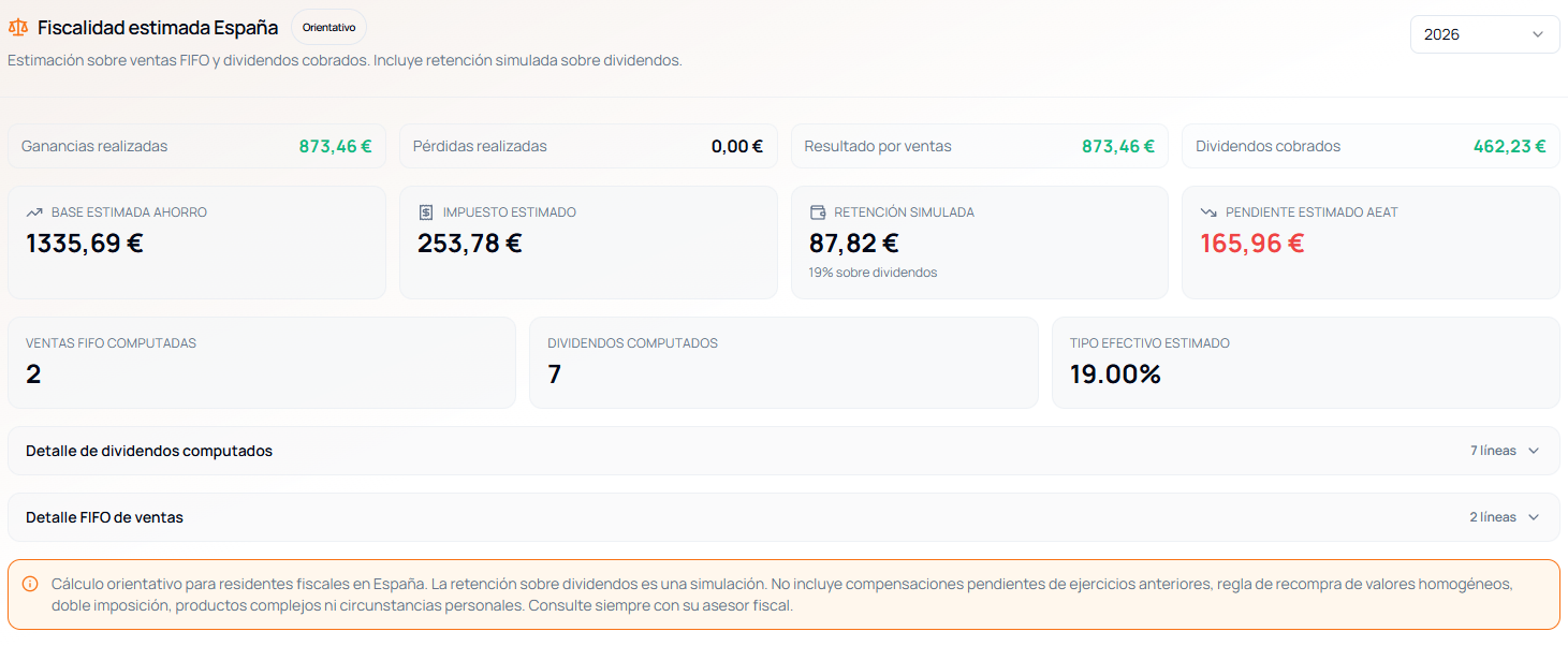 Fiscalidad estimada real de Visión Global con ganancias, pérdidas, dividendos, retención e impuesto orientativo